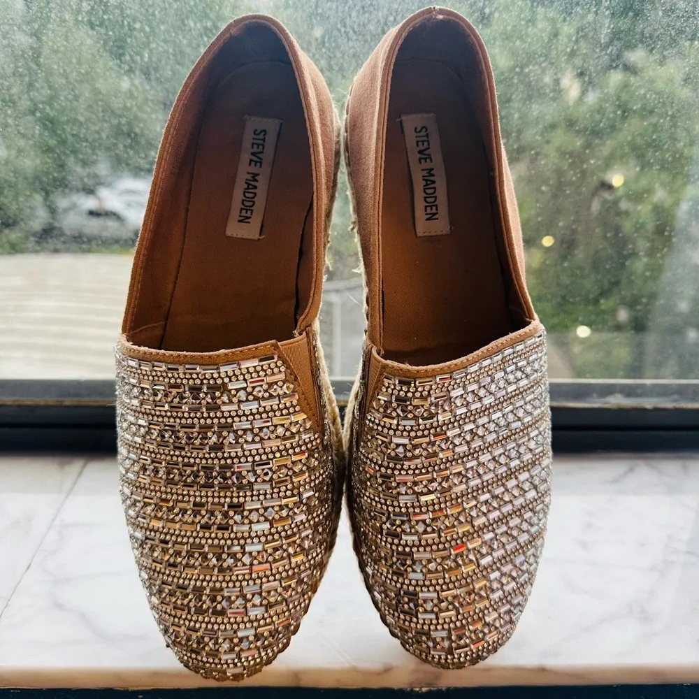 Steve Madden Women's Proud Rhinestones Fabric Espadrilles Slip On Size 9.5